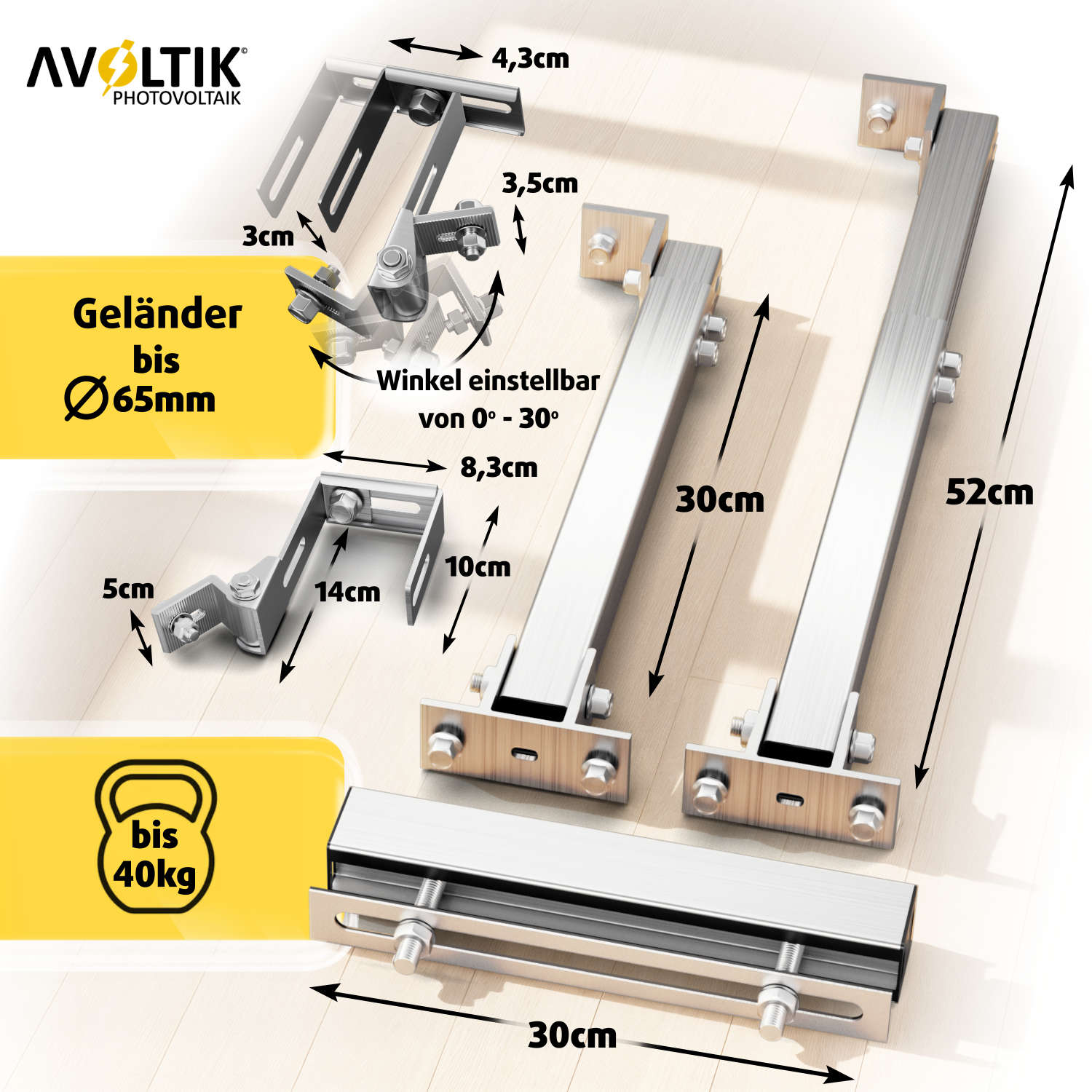 Produktbild von Balkonkraftwerk-Halterung – 2 Eckige Haken Aus Edelstahl, Inkl. Montageset, Traglast 25 Kg, Ohne Bohren